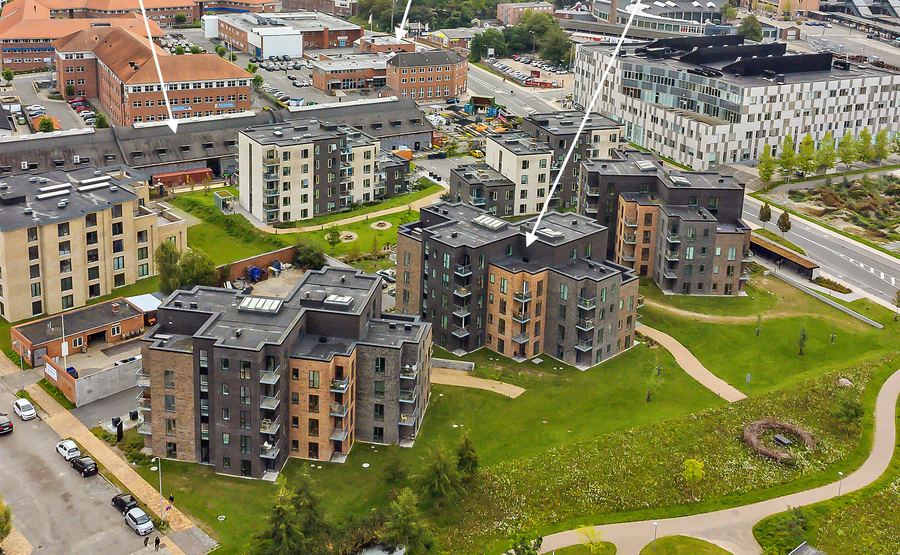 Aerial view of Seebladsgade 7-11 apartment buildings at Odense harbour
